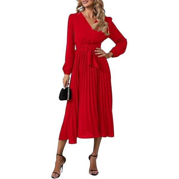 Elegant långärmad midiklänning för kvinnor med bälte för bröllopsgästkontorsklänningar för fest Red XL