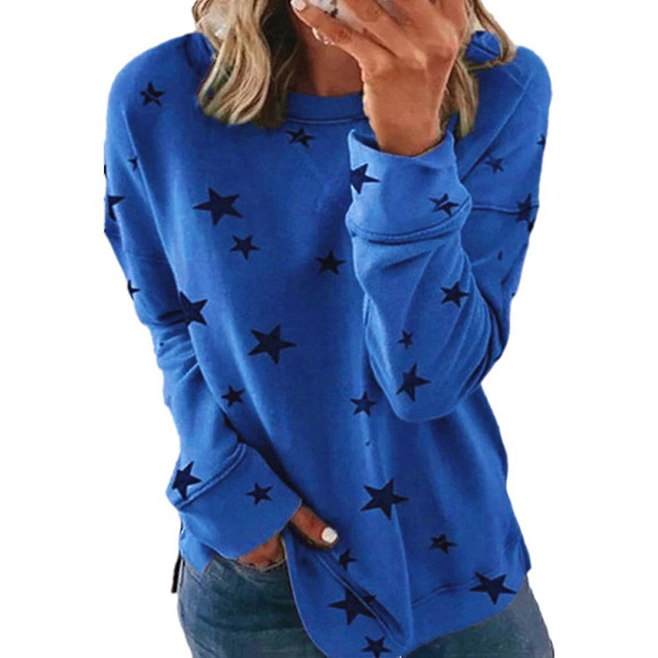 Dam Ledig Stjärntryckt Långärmad Rundhalsad T-shirt Tunika Toppar Blus Plus Size Höst Royal Blue 5XL