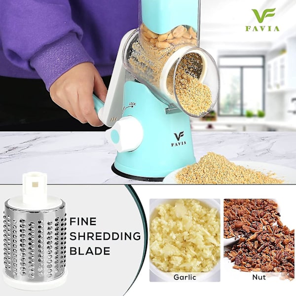 Rotary Hand Vegetable Grater, multifunktionell trumrivare, med 3 rostfria stålblad (blå)