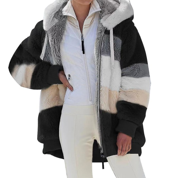 Dame Colourblock Langærmet Hætte Teddy Bear Fleece Jakke Vinter Varm Frakke Black 5XL