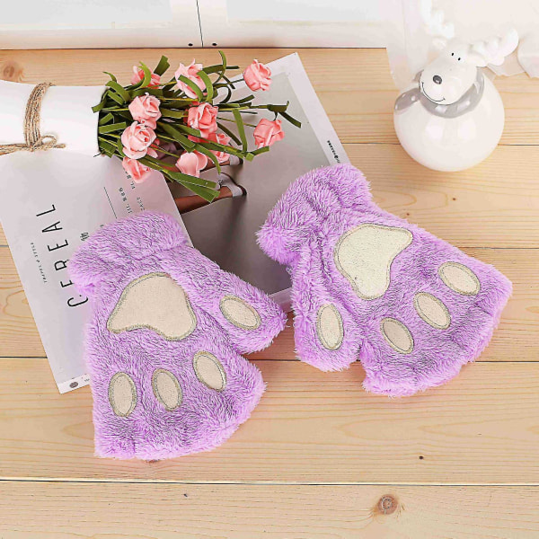 Kattflicka öppna finger katt tass varma handskar förtjockade fluff handformad borste halvfingerhandskar Purple Average size