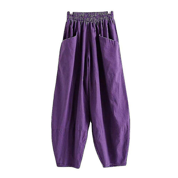 Dame Elastisk Talje Harem Løse Bukser Ensfarvede Poset Aladdin Bukser Purple 3XL
