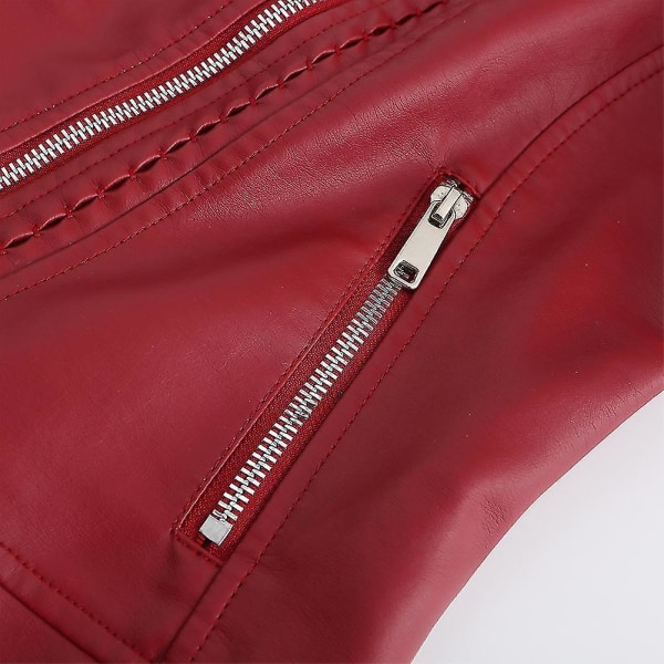 Dam Slim Fit Enfärgad Dubbad Shoulder Zip Kort läderjacka Red 2XL