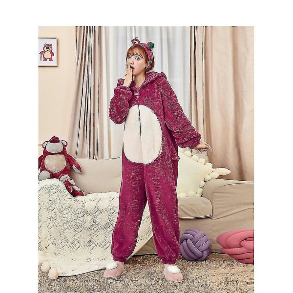 Dam Onesies Pyjamas Jordgubbsbjörn Kigurumi Tjock Korall Sammet Loungewear Dam Hemmakläder Heldräkt Jumpsuit För Vinter L