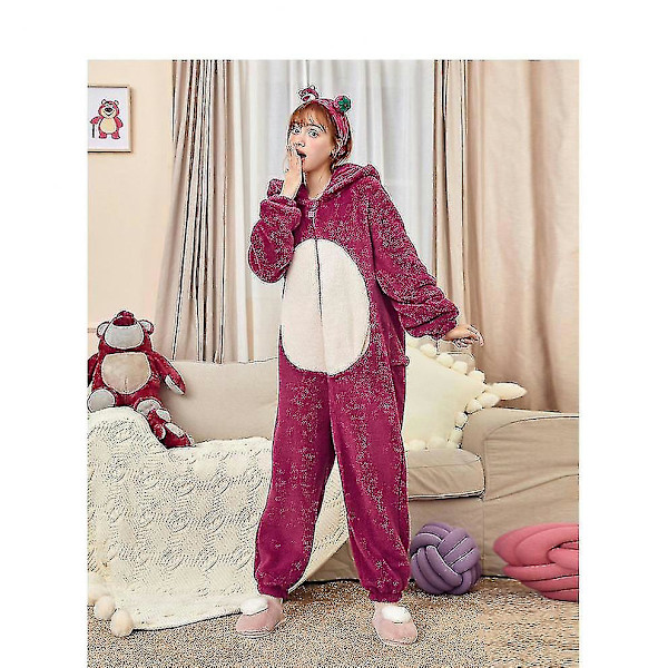 Dam Onesies Pyjamas Jordgubbsbjörn Kigurumi Tjock Korall Sammet Loungewear Dam Hemmakläder Heldräkt Jumpsuit För Vinter XL