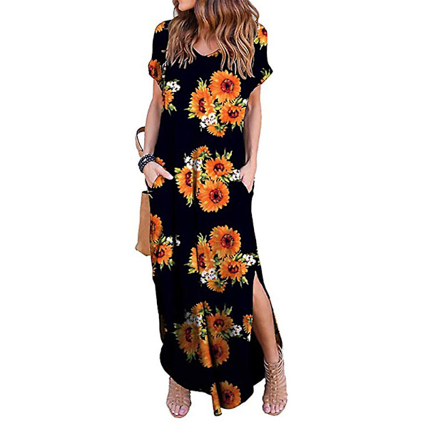 Dame Pullover Strikkjole Kortærmet V-hals Casual Lang Kjole Sommer Strand Ny Sunflower M