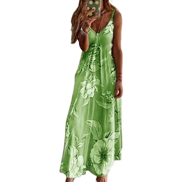 Dame Casual Sommer Boho Maxi Kjole Spaghetti Strop Ærmeløs Blomsterprint V-Hals Strand Lang Sommerkjole Plus Størrelse Green 4XL
