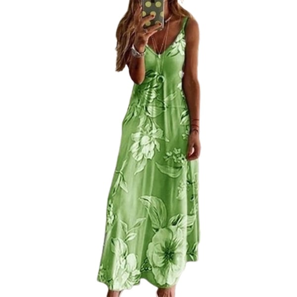 Dame Casual Sommer Boho Maxi Kjole Spaghetti Strop Ærmeløs Blomsterprint V-Hals Strand Lang Sommerkjole Plus Størrelse Green S
