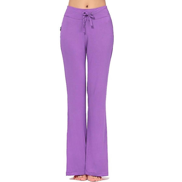Dame Ensfarvede Løse Yogabukser med Snøre Åndbare Gymnastik Sports Pilates Lange Bukser Purple XL