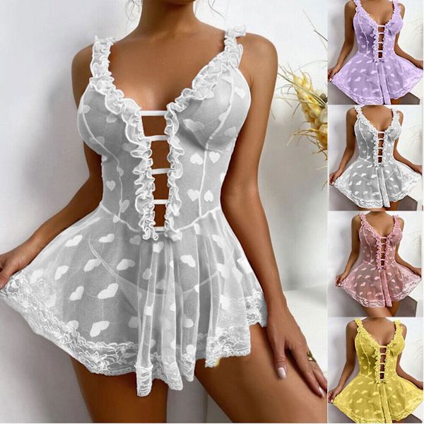 Bästsäljare - Sexig Dam Spets Babydoll Nattlinne Dam Underkläder Sovkläder Plus Storlek Yellow M