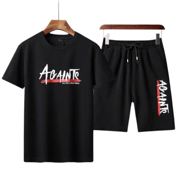 Herr Gym Sport Träningsoverall Jogger Kortärmad T-shirt Toppar Shorts Outfits Set Black 2XL