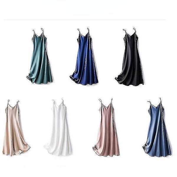 Dam Satin Faux Sidenklänning Axelbandsklänning Nattlinne Sexig A-linje Lång Blue 3XL