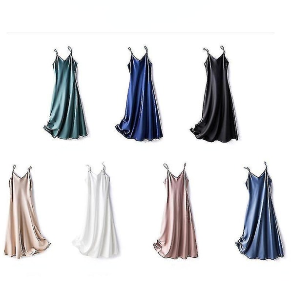 Kvinnors satin faux silke klänning axelbandslös underklänning nattlinne sexig A-linje lång Blue 3XL