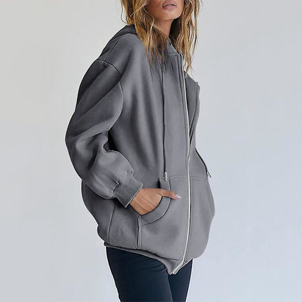 Dam Enfärgad Ledig Lös Jacka med Huva Långärmad Hel Dragkedja Dragsko Huvtröja Kappa Ytterkläder Dark Grey M