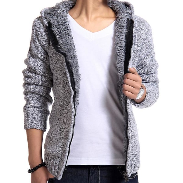 Stickad fleecefodrad termisk vintertröja för män Jacka med huva ytterkläder Light Grey L
