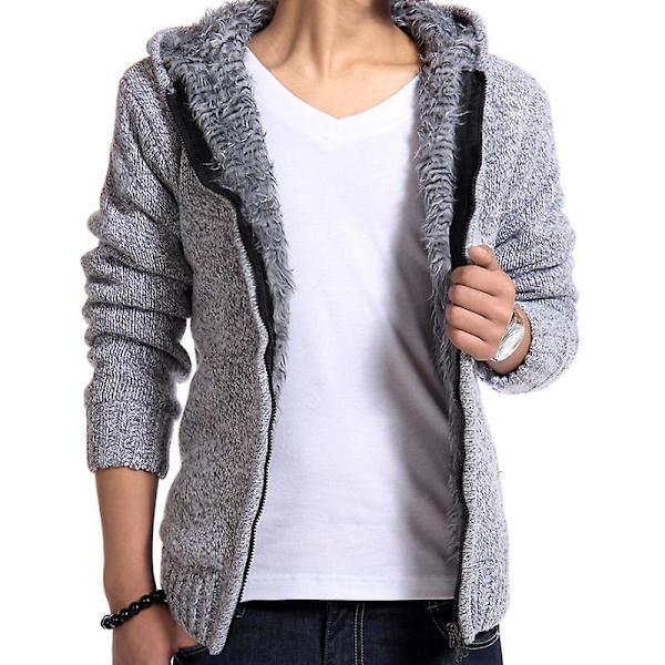 Stickad fleecefodrad termisk vintertröja för män Jacka med huva ytterkläder Light Grey XL