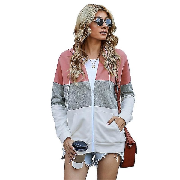 Dame Casual Color Block Hættetrøjer Toppe Langærmet Snøre Pullover Sweatshirts Med Lomme(r) (s-3xl) A Pink M
