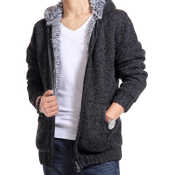Herre Strikket Fleeceforet Vinter Termisk Genserjakke Hettejakke Black XL