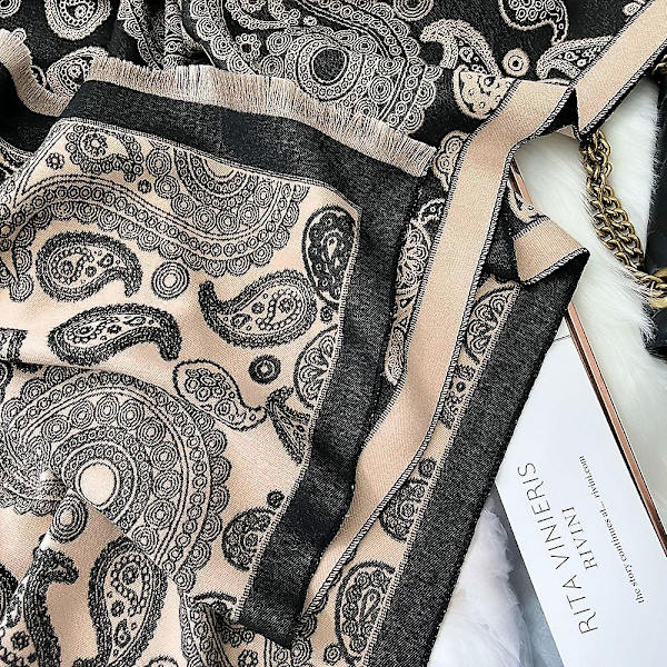 Moteskjerf for kvinner med tykk, varm kasjmirimitasjon med cashewblomstdesign for kaldt vær, utendørs skigåing og sykling Black