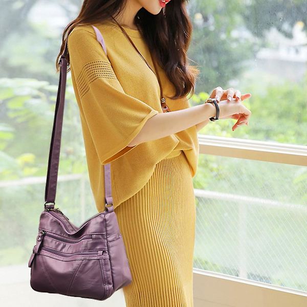 Dam Solid Crossbody Axelväska Multipla Fickor Satchel Dragkedja Stor Kapacitet Messenger Bag Purple