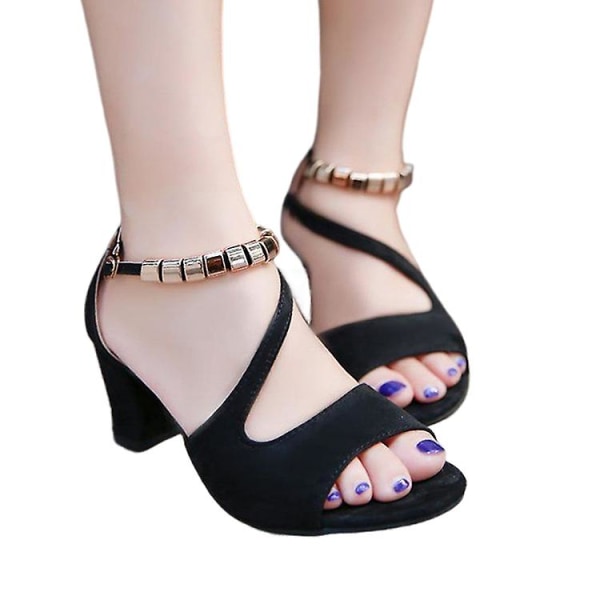 Kilklackssandaler för kvinnor, sandal med fyrkantig blockklack, tunna remmar, högklackade plattformssandaler Black 34