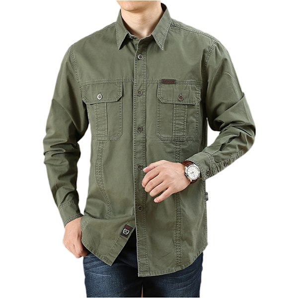 Herre skjorte ensfarget avslappet løs langermet skjorte herre arbeidsklær lommedesign stil jakke army green 4XL-195