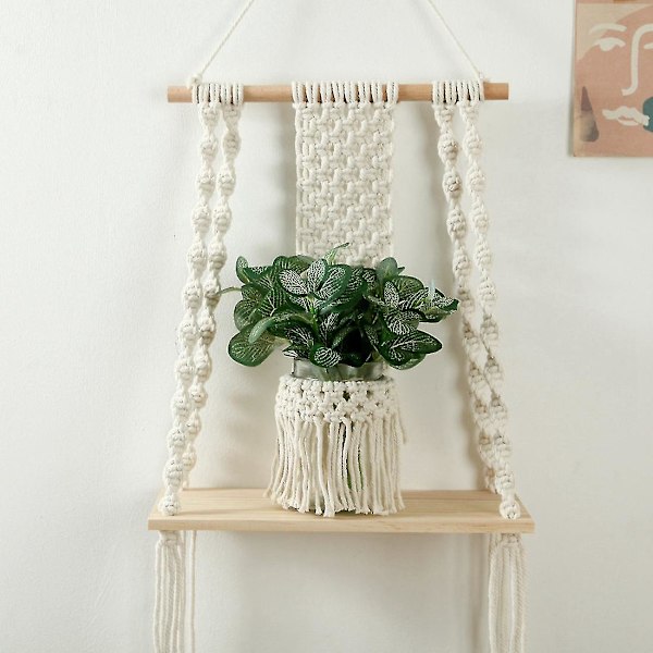 Macrame väggdekoration väggmonterade hyllor i trä flytande hyllor vävda växt hängare hem Ch