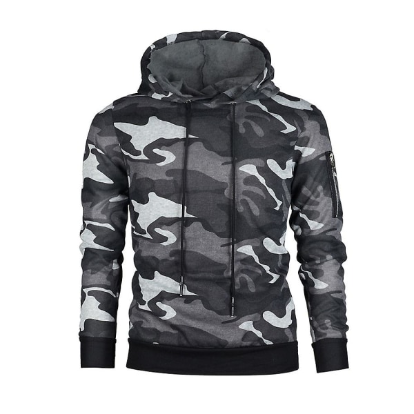 Män Kamouflage Huvtröja Sport Casual Långärmad Slim Fit Dragsko Hoodie Pullover Toppar Camo Grey XL