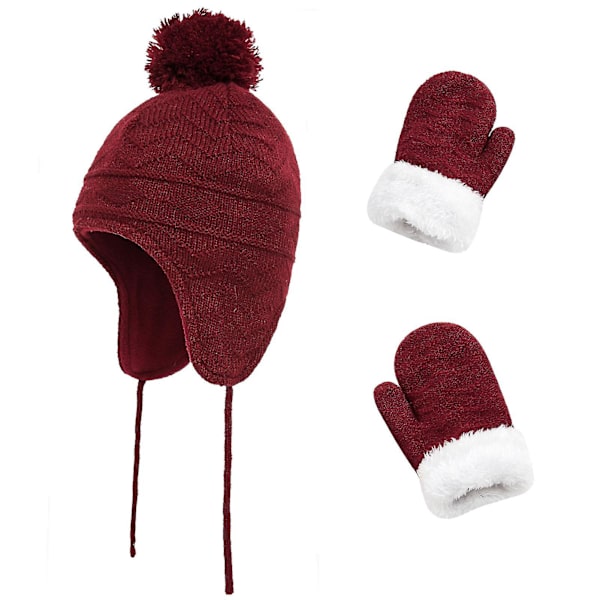 Barn Vinter Öronmuff Mössa Pompom Stickad Hatt Tjock Vante Värmare Set Wine Red