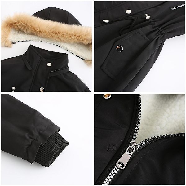 Tykk hetteparkas for kvinner, vindtette fleeceforede jakker med lommer Black S