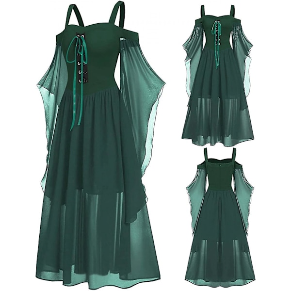 Maxiklänning med fjärilsärm för damer, medeltida punk-gotiska kläder, sexig Halloween-kostym, klänningar med bar axel och korsett A-green 5X-Large