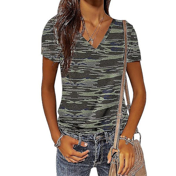 Kesäinen Camouflage T-paita Naisille V-kaula-aukolla ja Lyhyillä Hihoilla Army Green M
