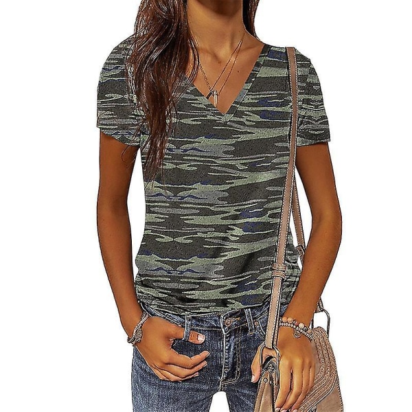 Sommer Kamuflasje T-skjorte For Kvinner Med V-hals Korte Ermer Army Green S