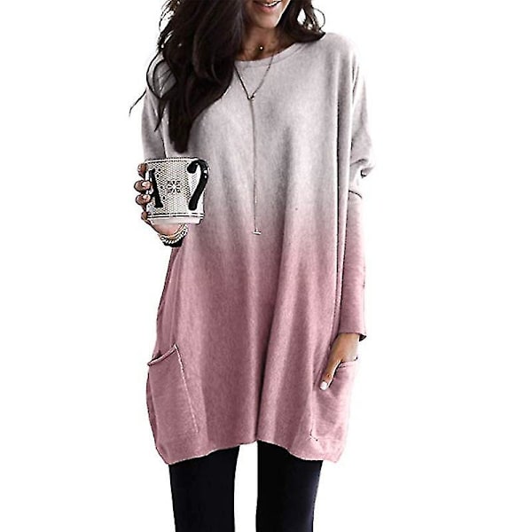 Løse, avslappede langermet topper for kvinner, genser, bluse, T-skjorte med lommer, pluss størrelse Pink M