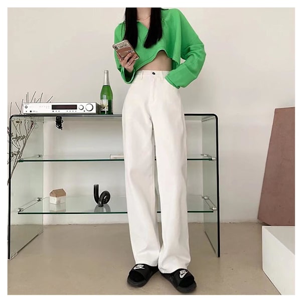 Raka jeans för damer Curvy Totally Shaping Streetwear Byxor För Skola Kontor Fest Ytterkläder White S