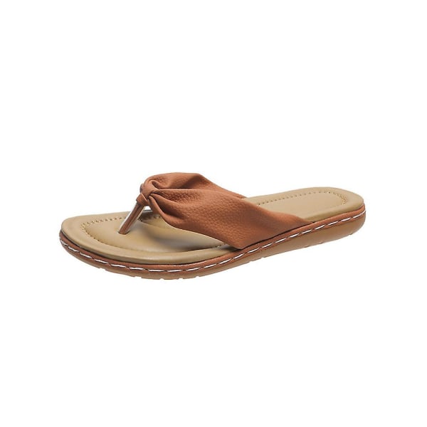 Dam Bowknot Flip Flops Tofflor Casual Clip Toe Sandaler Sommar Strand Platt Skor Brown 43