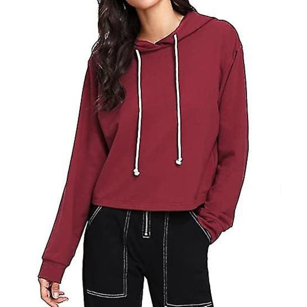 Damer Casual Långärmad tröja Luvtröja Crop Top Sweatshirt$urringning Dragsko Långärmad Tröja med rund hals Enfärgad tröja Damtröja$w Red XL