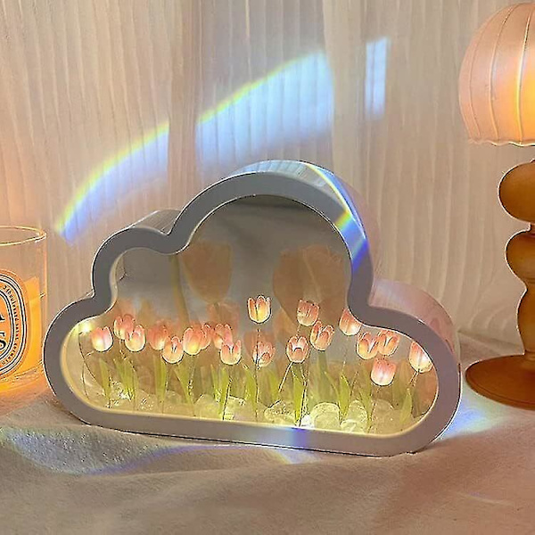 DIY Tulip Nattlampe, Sky Tulip Speil Nattlampe, Simuleringsblomst Bordlampe Pink