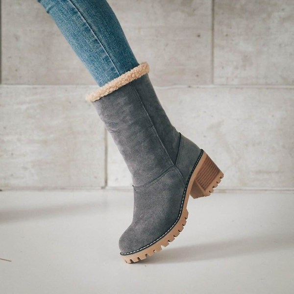 Dame Vinterstøvler Korte Sne Flock Varme Støvletter Sko Slip On Korte Ankel Chunky Hæl Støvler Grey 37