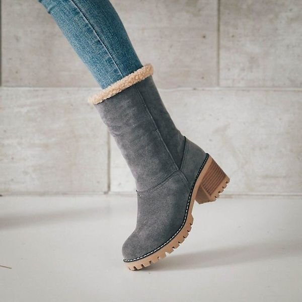 Dame Vinterstøvler Korte Sne Flock Varme Støvletter Sko Slip On Korte Ankel Chunky Hæl Støvler Grey 39