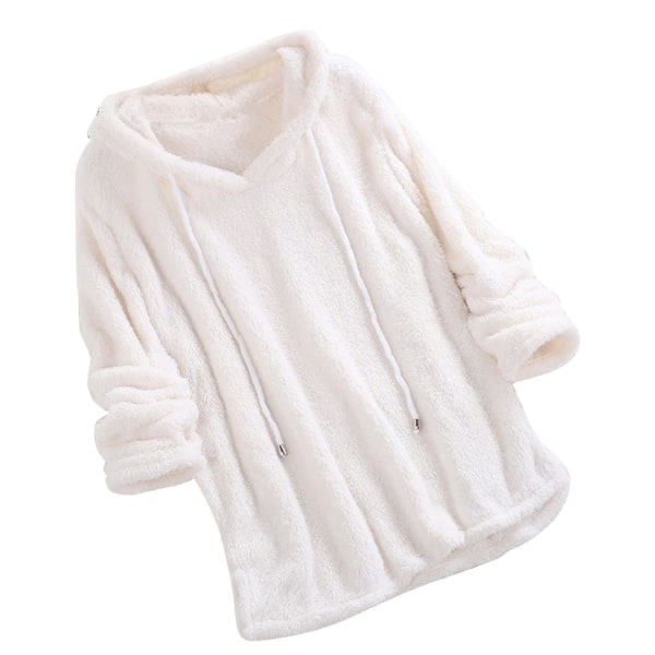 Plus Size Efterår Vinter Dame Langærmet Hætteklædte Plysset Fluffy Hættetrøjer Fleece Pullover Pyjamas Løs White XL