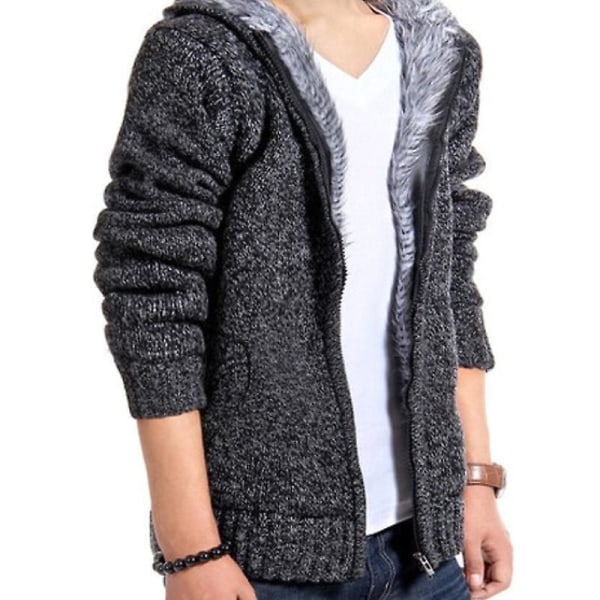 Män stickad fleecefodrad vinter thermal tröja jacka huva ytterkläder Dark Grey XL
