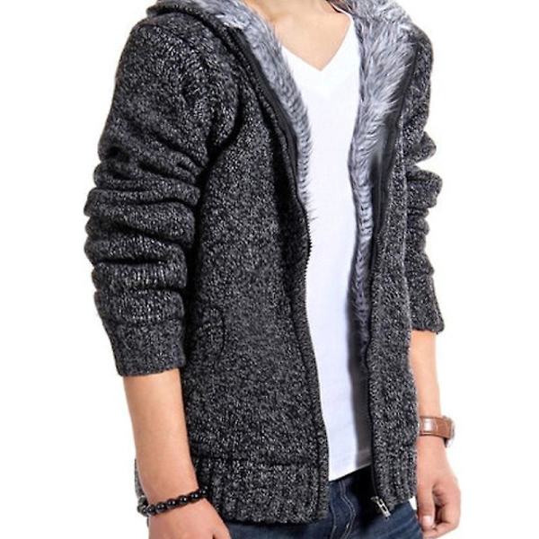 Stickad fleecefodrad termisk vintertröja för män Jacka med huva ytterkläder Dark Grey L