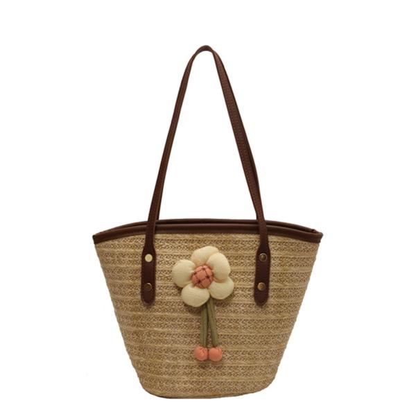 Sommar Tote Väska Dam Satchel Väska Stor Kapacitet Vävd Handväska Med Blomdekor För Jul Födelsedag Strandsemester Brown