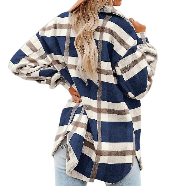 Dame Rutete Ullblanding Langermet Skjortejakke Shackets Navy XL