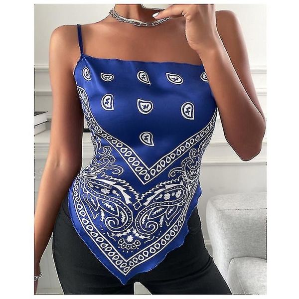 Mode Kvinder Vest Sommer Tanktoppe Sløjfe Rygfri Bluse Paisley Print Satin Lommetørklæde Top Casual Ærmeløse Tanktoppe BLUE 2XL
