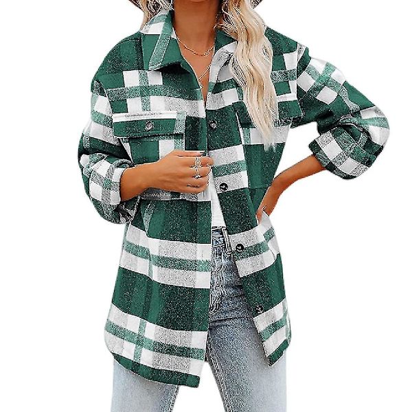 Dame Rutete Ullblanding Langermet Skjortejakke Shackets Green XL