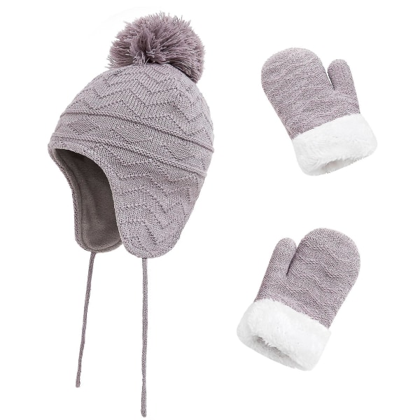 Børne Vinter Ørevarmer Hue Pompon Strikket Hat Tyk Handske Vante Varmer Sæt Light Purple