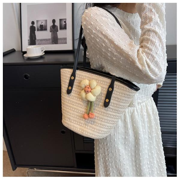 Sommar Tote Väska Dam Satchel Väska Stor Kapacitet Vävd Handväska Med Blomdekor För Jul Födelsedag Strandsemester Brown
