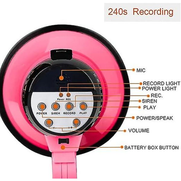 Bærbar Megafon Bullhorn 20 Watt Effekt Megafon Høyttaler Stemme Og Sirene/alarm Moduser Med Volumkontroll Og Stropp Rose red